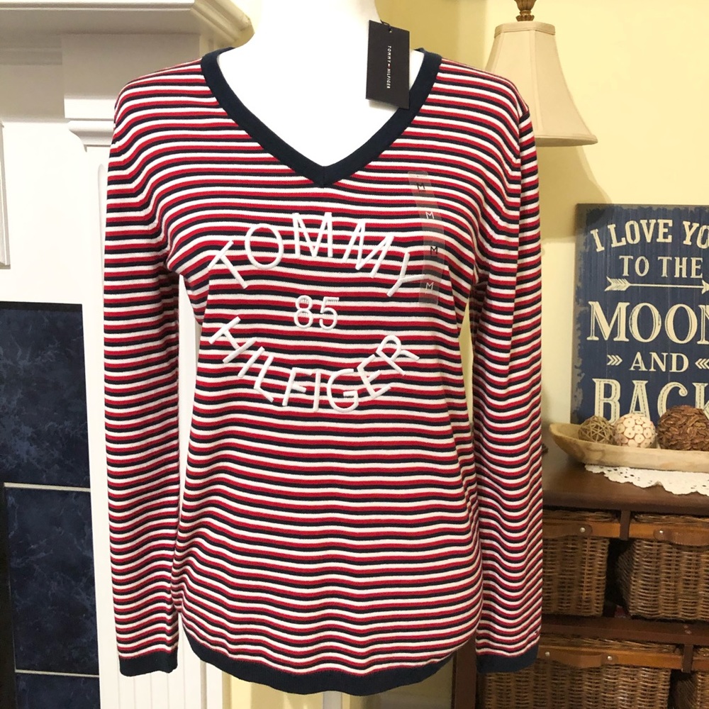 Tommy Hilfiger Logo Striped Pullover Sweater M